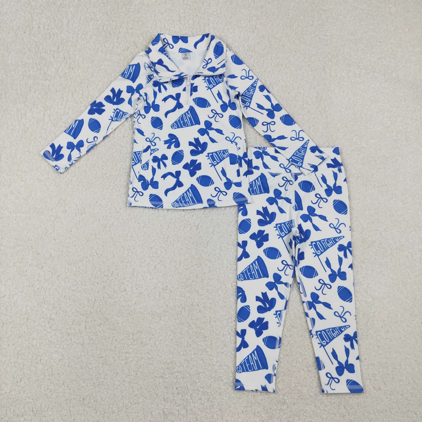 GLP2761 Baby Girls Blue Bows Footballs Zipper Pullovers Legging Pants Team Yoga Active Clothes Set