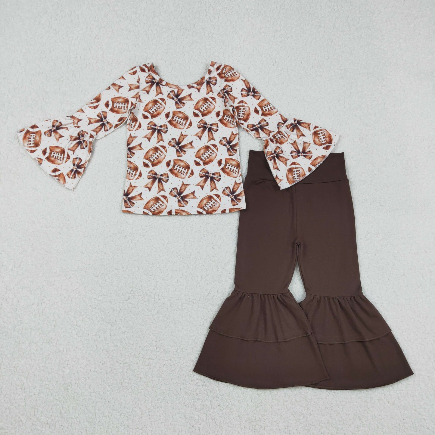 GLP2787 Baby Girls Bows Footballs Plaid Top Ruffle Bell Bottom Pants Team Clothes Sets