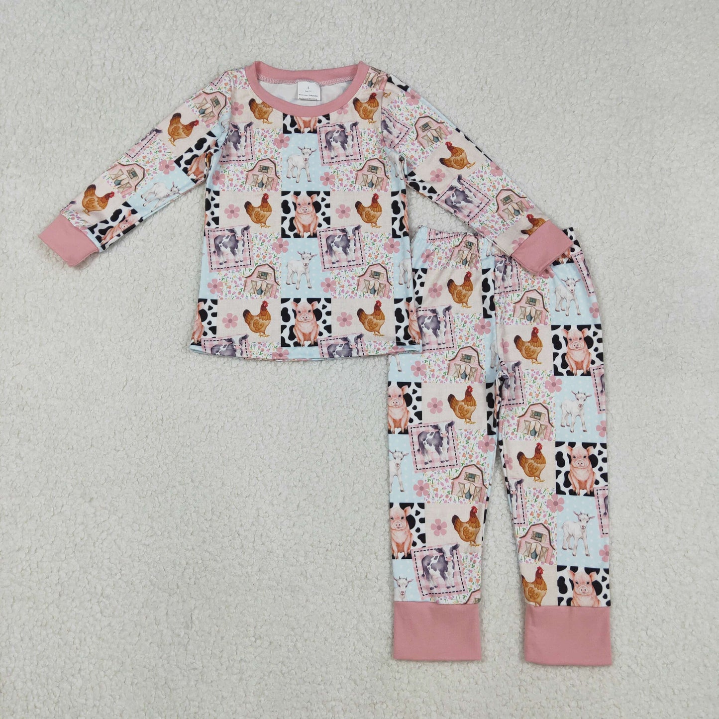 GLP2805 Baby Girls Chicks Cows Flowers Checked Top Pants Farm Pajamas Sets