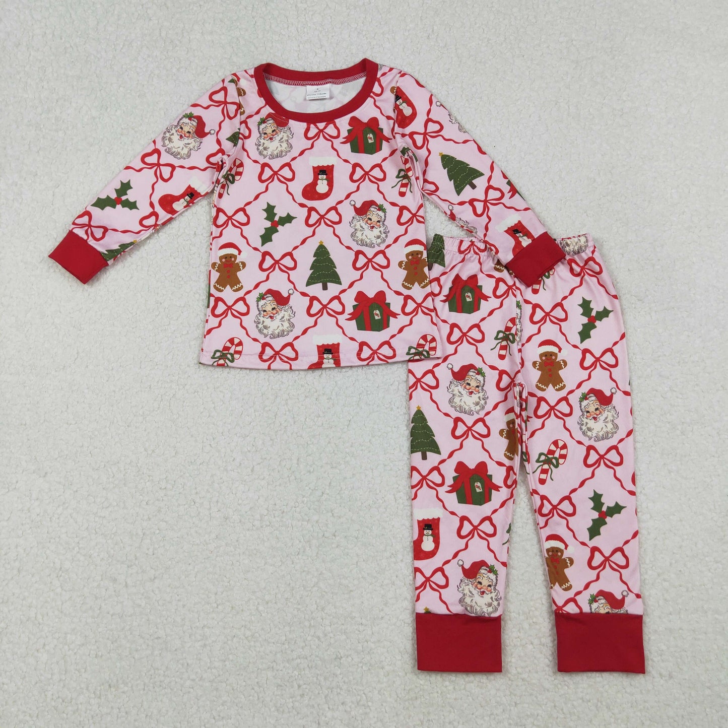 GLP2807 Baby Girls Red Bows Santa Socks Checked Top Pants Christmas Pajamas Sets