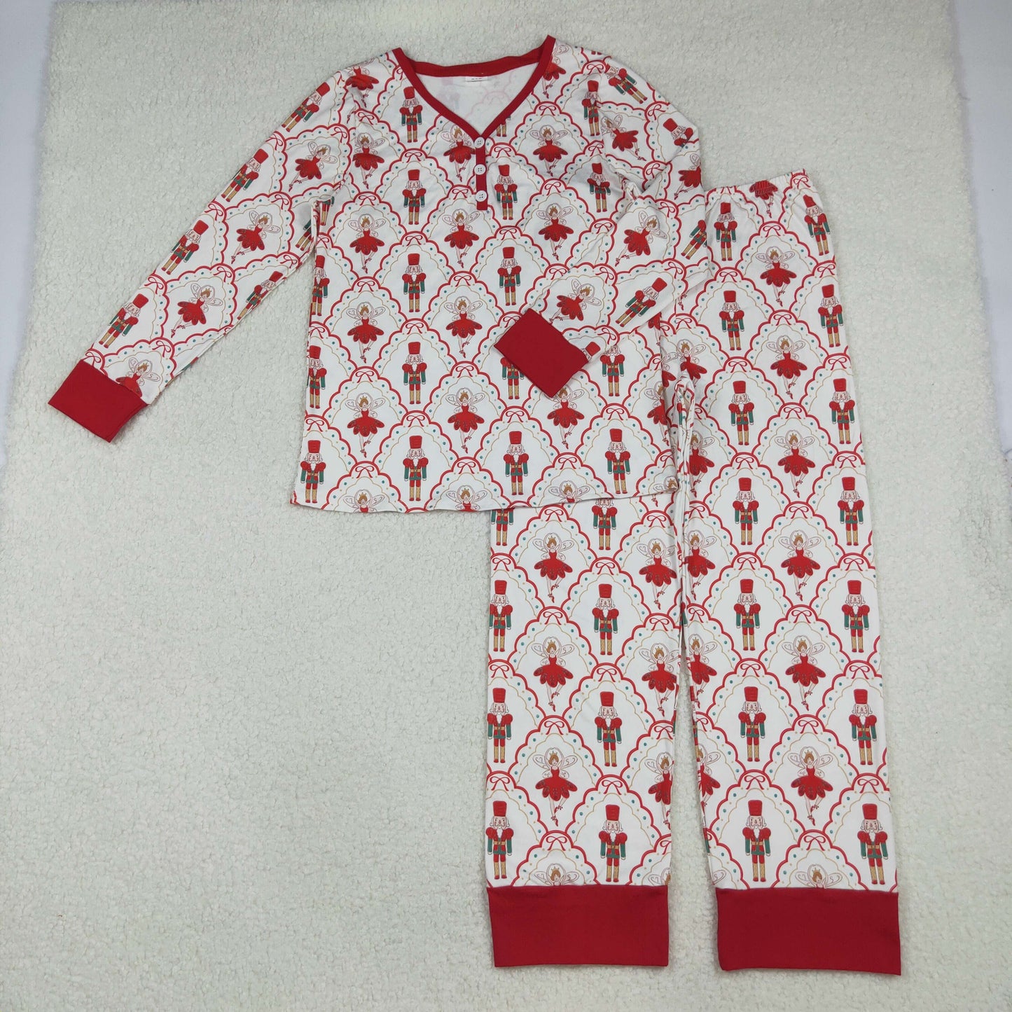 GLP2816 Adult Women Red Bows Soldiers Dancers Button Top Pants Christmas Pajamas Set