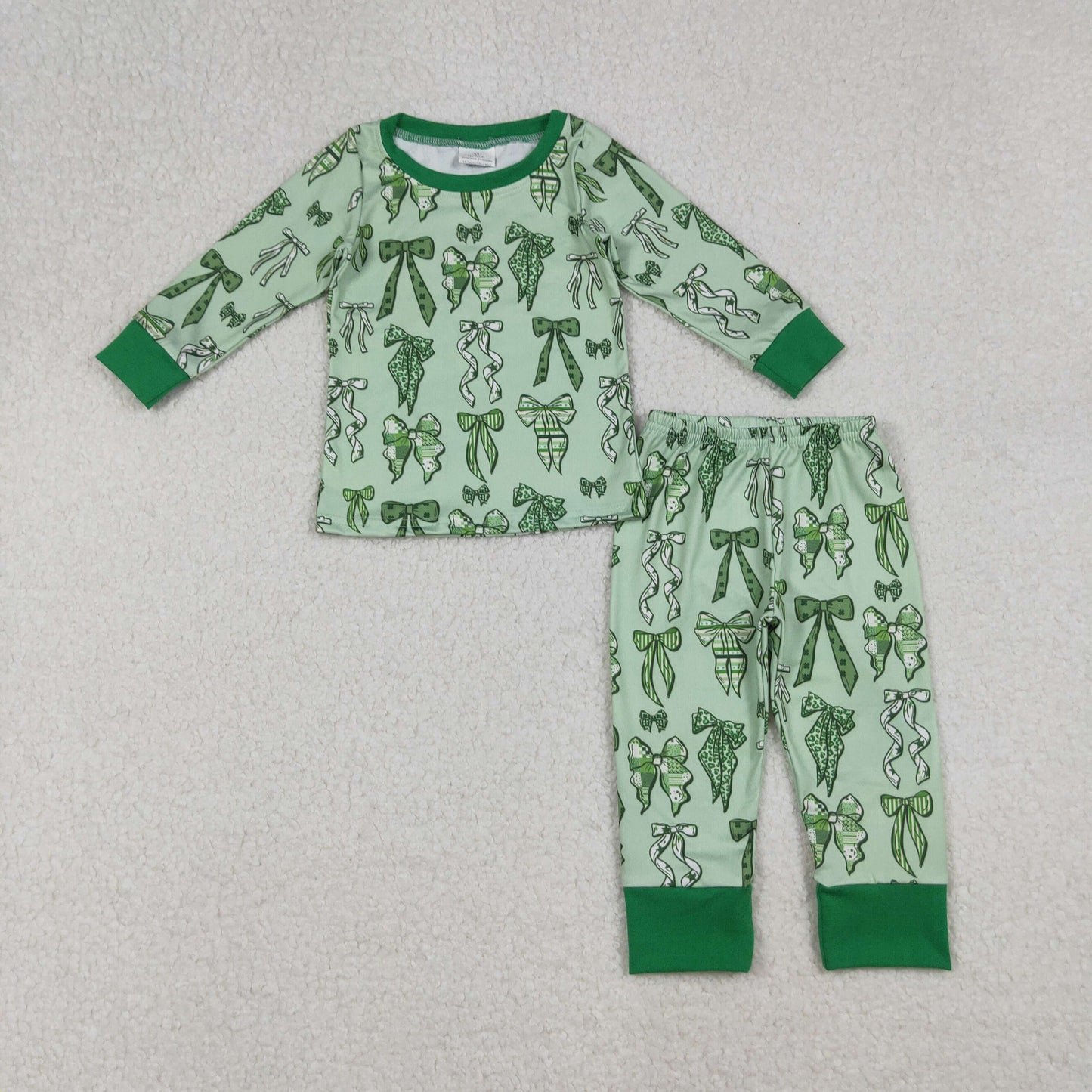 GLP2840 Baby Girls Green Clovers Bows Plaid Top Pants St Patrick Pajamas Sets