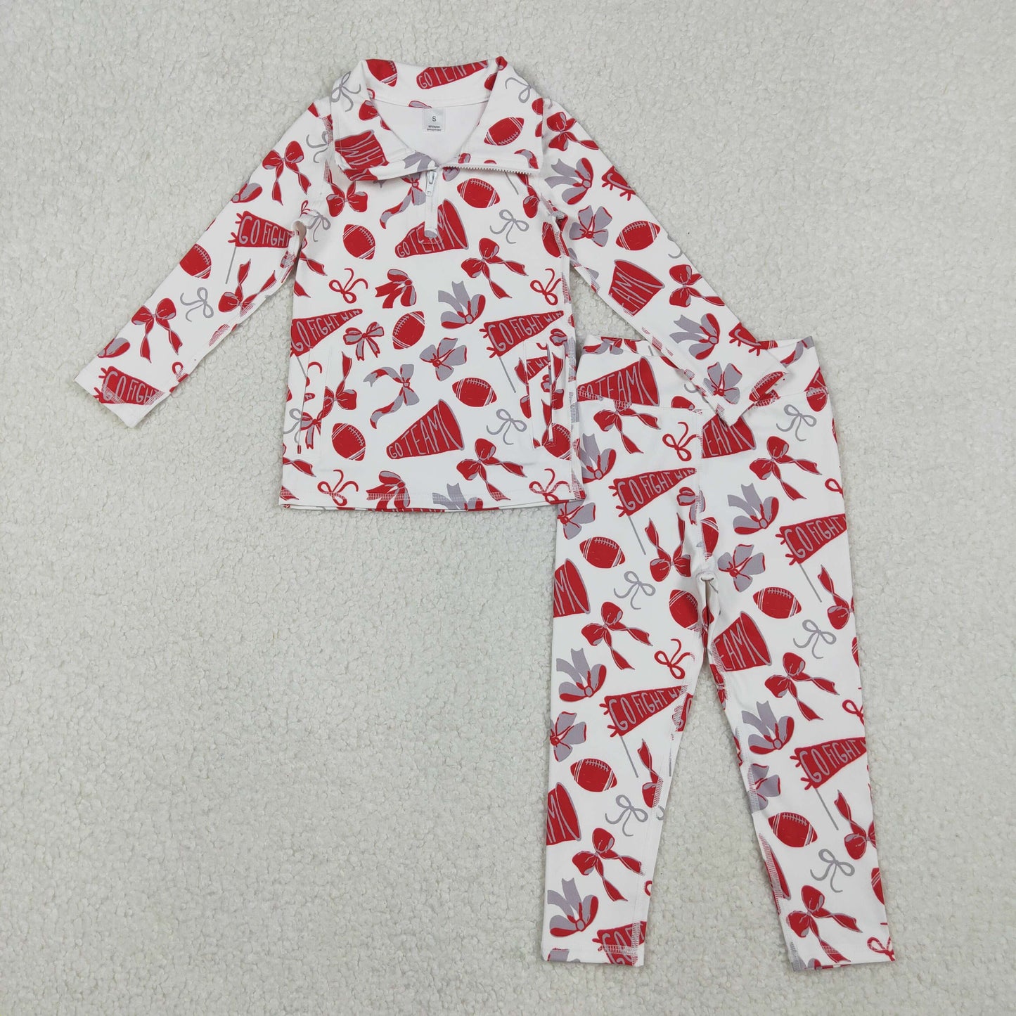 GLP2860 Baby Girls Red Bows Footballs Zipper Pullovers Legging Pants Team Yoga Active Clothes Set