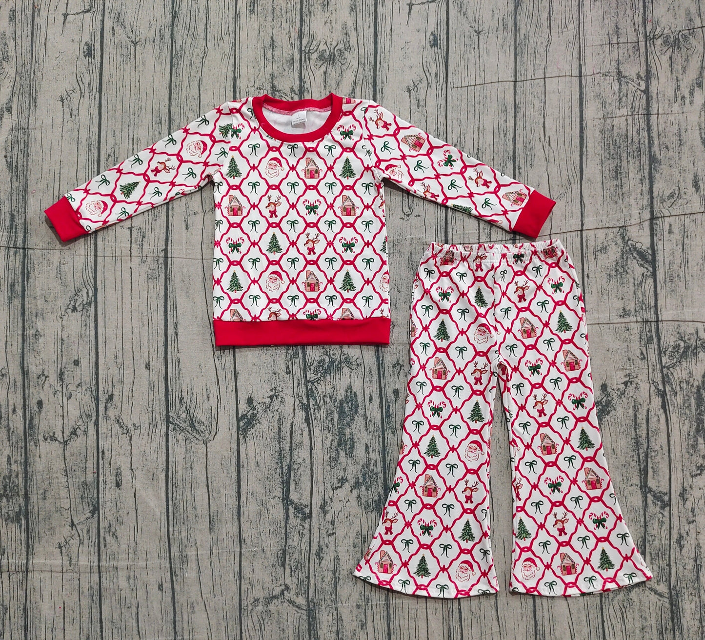 Baby Girls Red Bows Santa Checked Top Flare Pants Christmas Clothes Sets