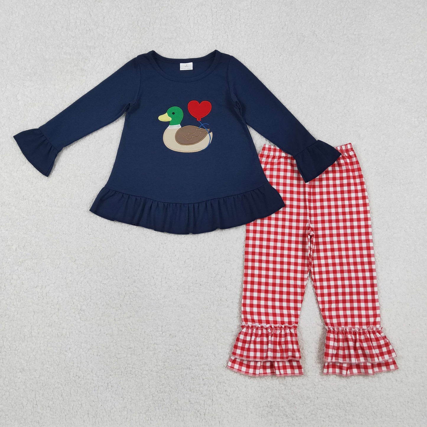 Sibling Baby Girls Embroidery Duck Hearts Top Red Checked Pants Valentine Clothes Sets
