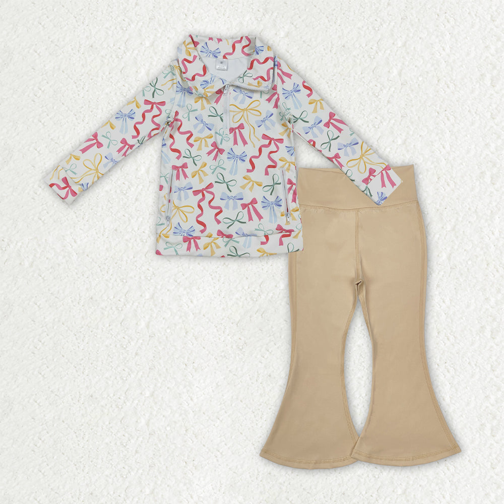 GLP2966 Baby Girls Colorful Bows Zipper Jacket Khaki Bell Bottom Pants Yoga Active Clothes Sets