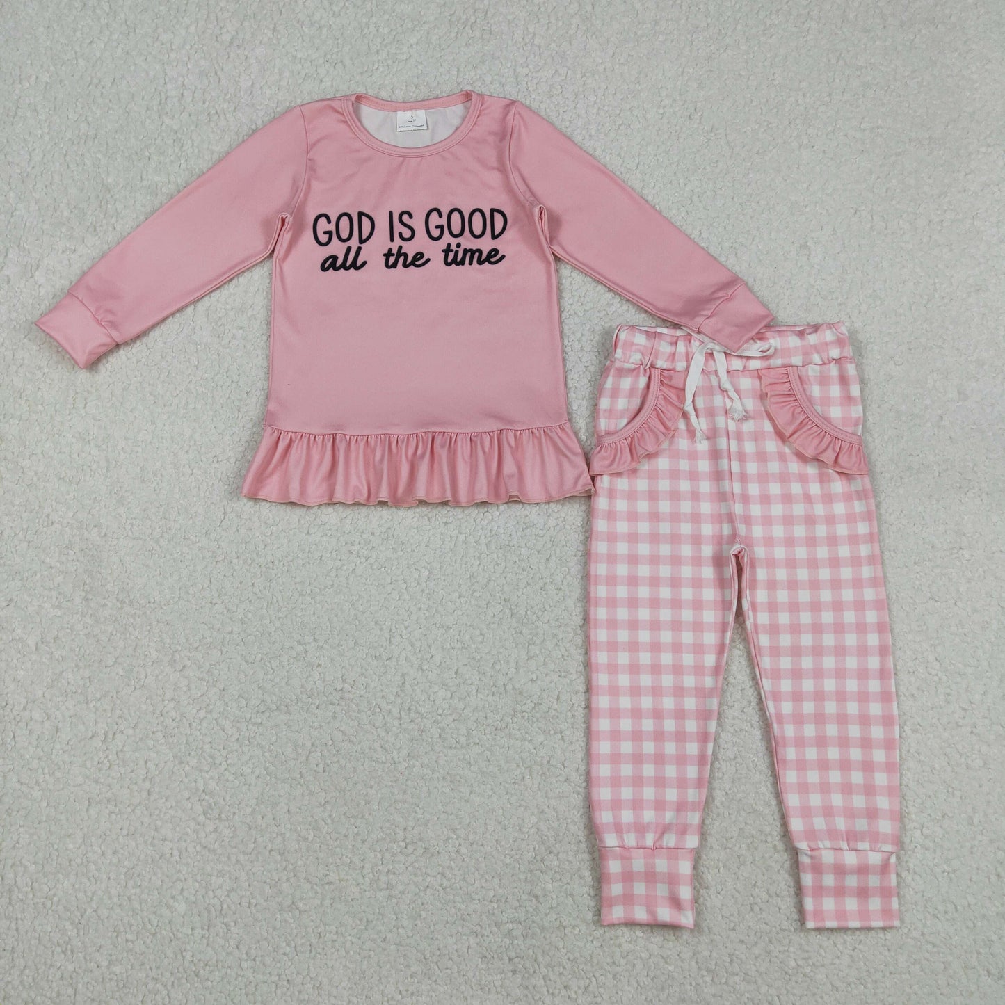 GLP3038 Baby Girls Pink God is Good All The Time Top Checked Pockets Joggers Clothes Sets