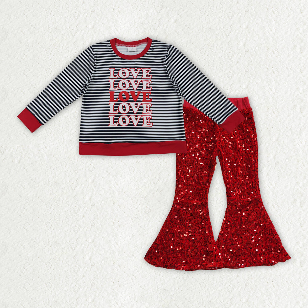 Baby Girls Black Stripe Hearts Love Top Red Sequin Bell Bottom Pants Valentine Clothes Sets