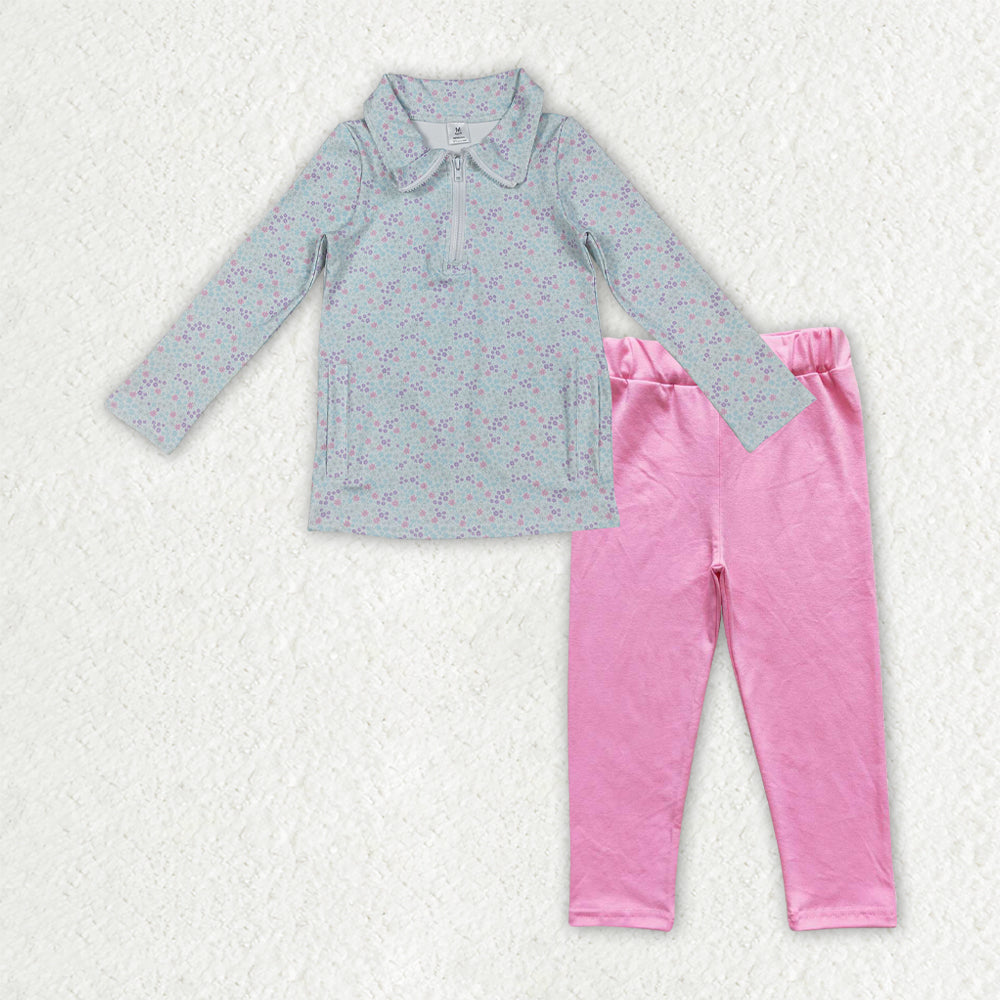 GLP3250 Baby Girls Blue Floral Zip Pockets Yoga Active Pullovers Pink Legging Pants Clothes Sets