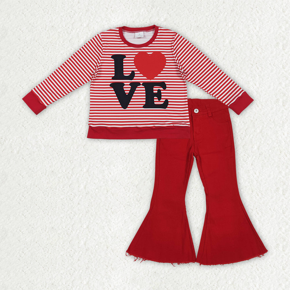 GLP3263 Baby Girls Stripe Loves Top Denim Bell Bottom Pants Valentines Clothes Sets