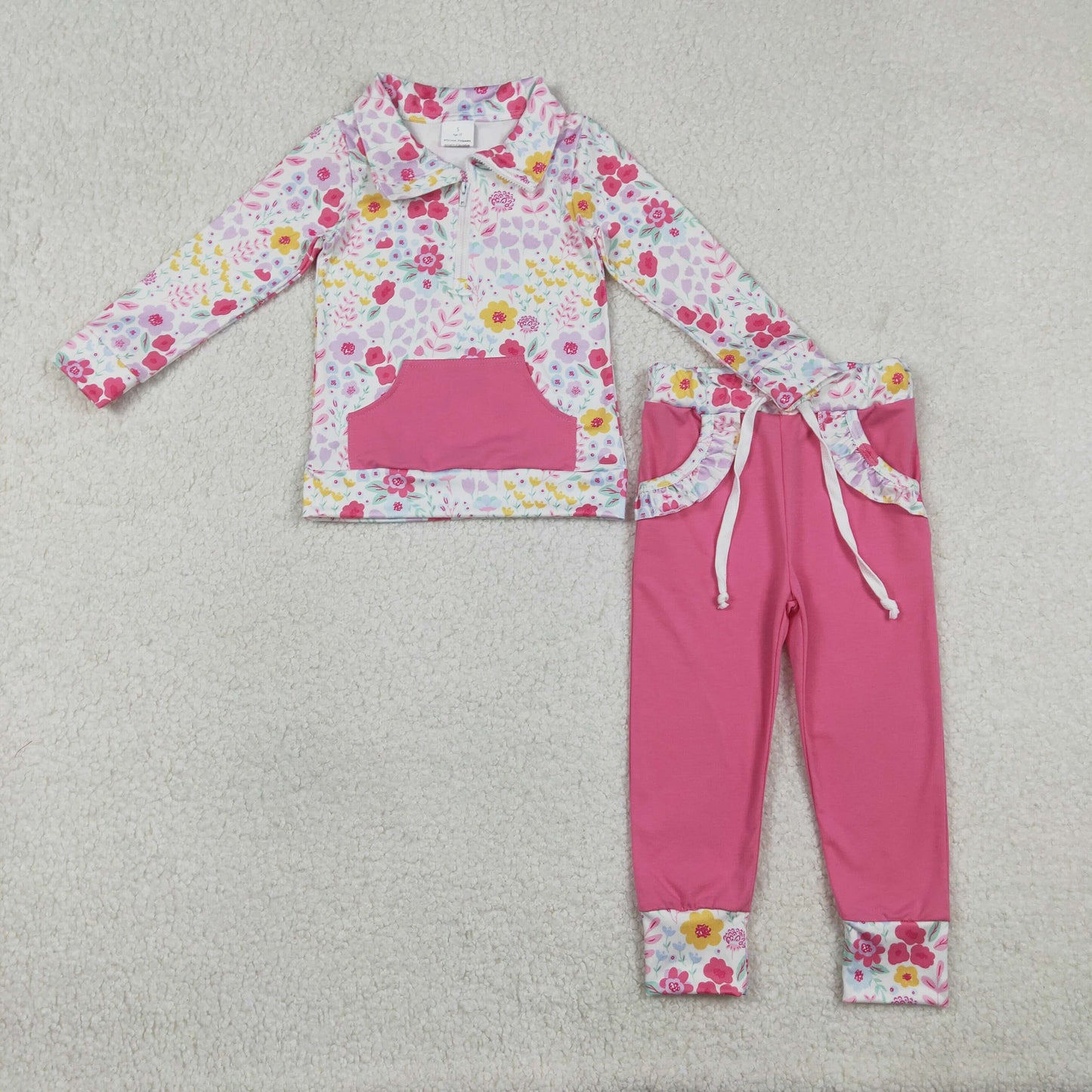 GLP3277 Baby Girls Colorful Floral Zipper Pockets Pullover Legging Pants Clothes Sets