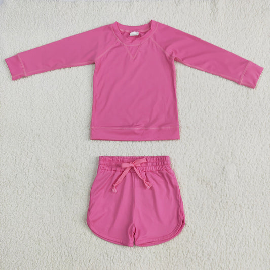 GLS0004 Hotpink Long Sleeve Top Yoga Shorts Boutique Outfits Sets