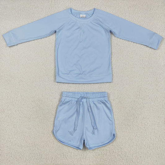 GLS0006 Light Blue Long Sleeve Top Yoga Shorts Boutique Outfits Sets