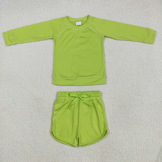 GLS0007 Lime Green Long Sleeve Top Yoga Shorts Boutique Outfits Sets