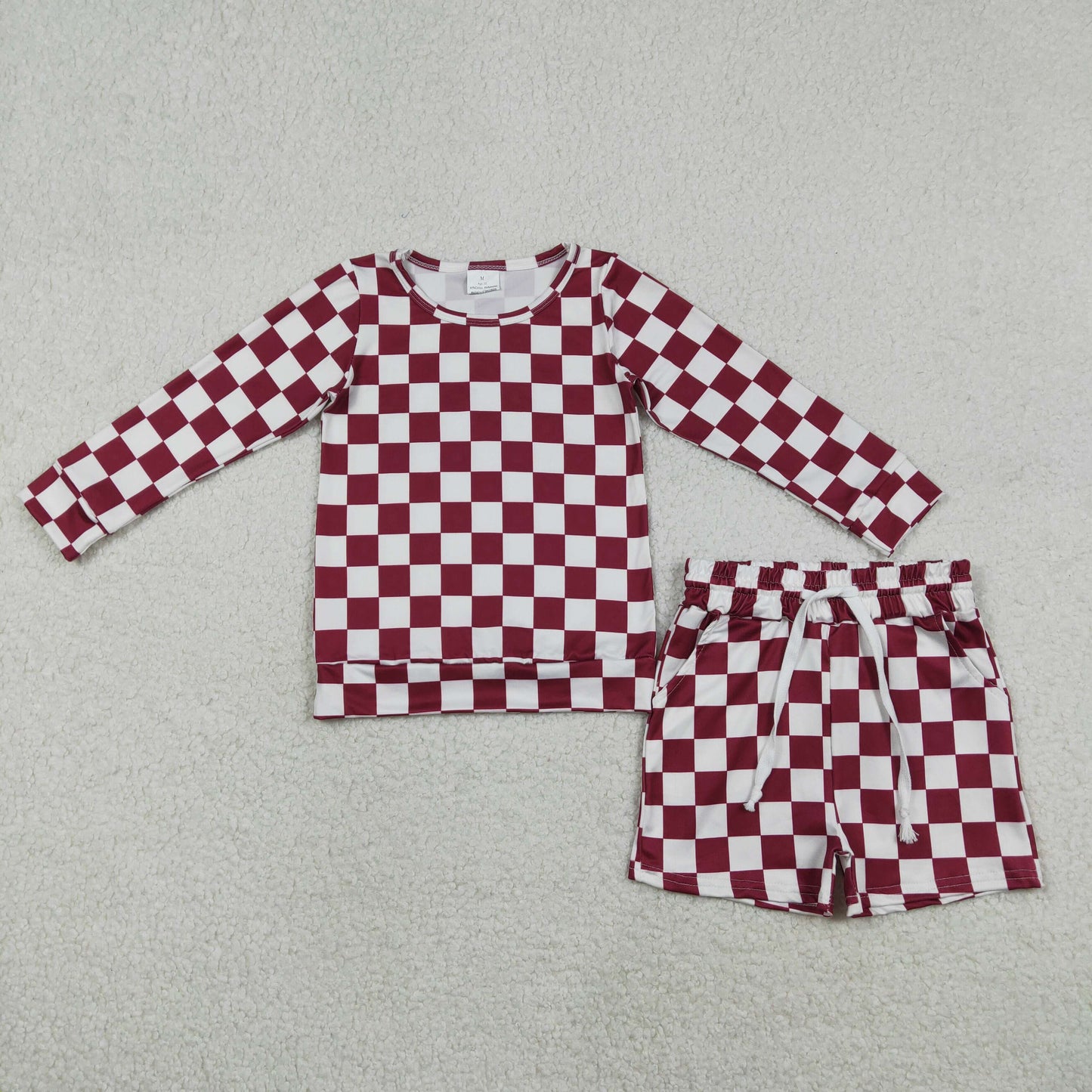 GLS0053 Baby Girls Dark Red Checked Long Sleeve Top Pockets Shorts Clothes Sets