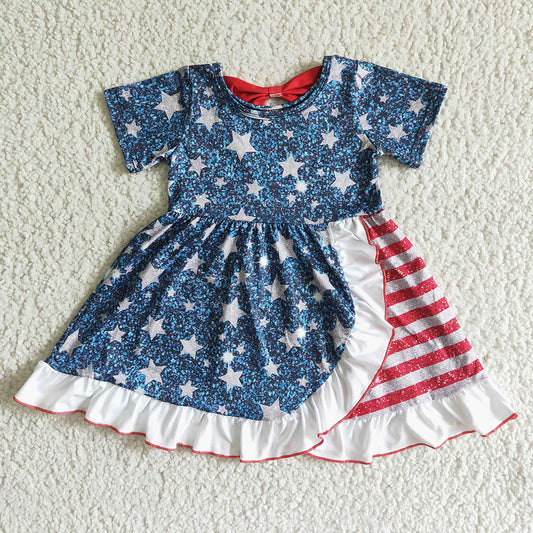 4th of July stripes stars ruffles back bow dresses GSD0033