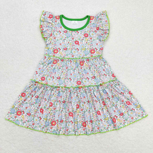 GSD0948 baby girls green flowers flutter sleeve twirl dresses