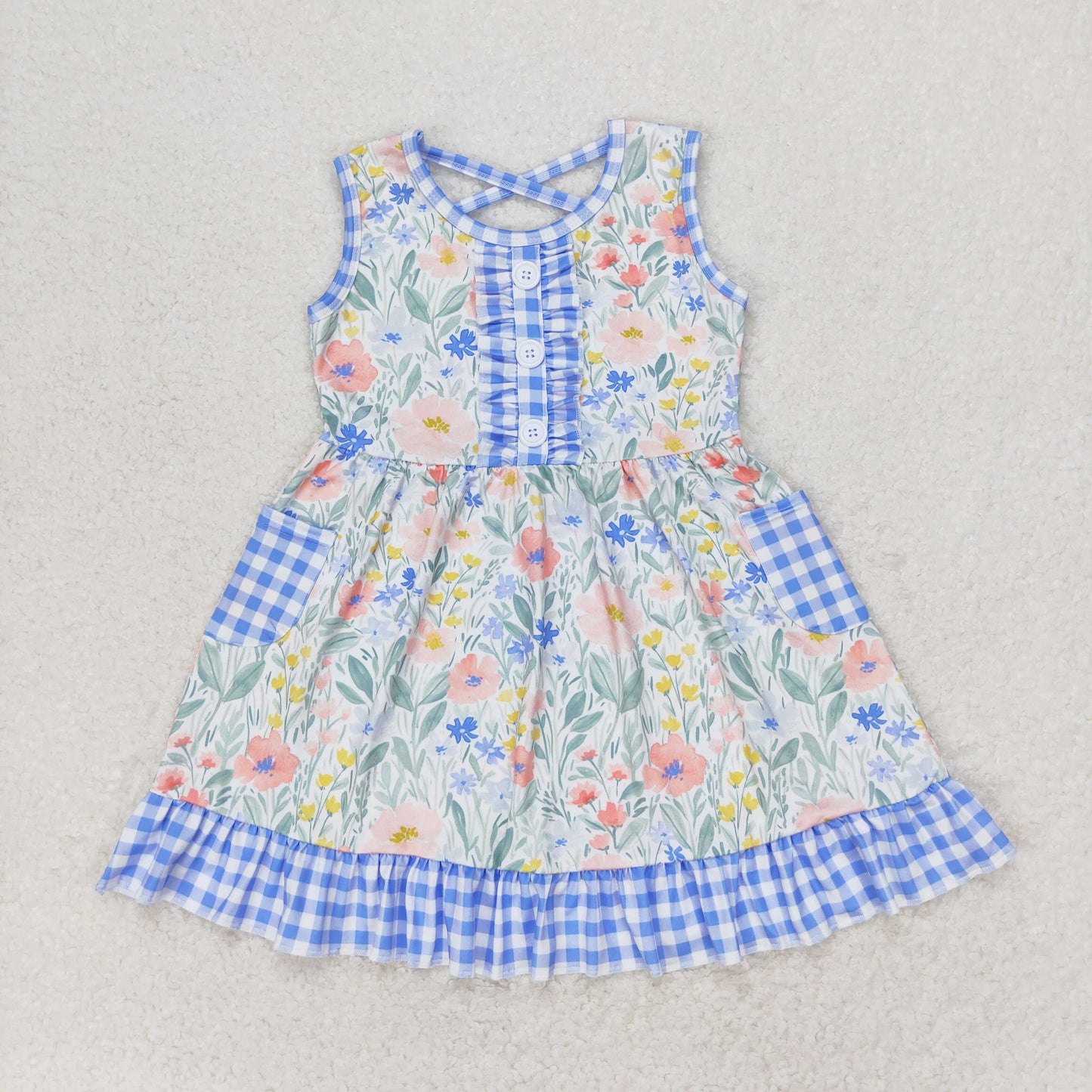 Sibling Baby Girls Flowers Plaid Button Pockets Ruffle Knee Length Dresses