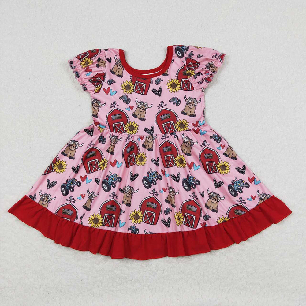 GSD1025 baby girl clothes farm loving cow ruffle knee length dresses