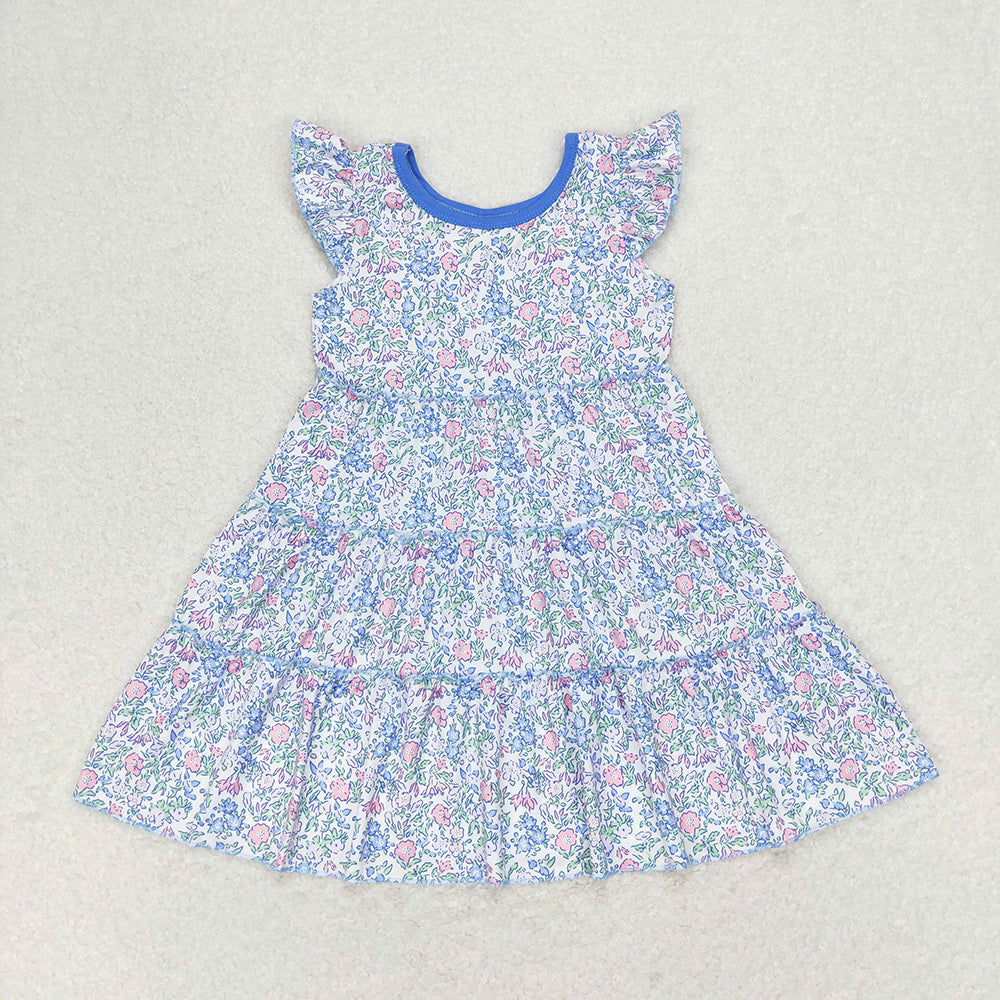 GSD1043 baby girls blue flowers flutter sleeve twirl dresses