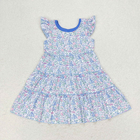 GSD1043 baby girls blue flowers flutter sleeve twirl dresses