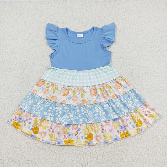 GSD1073 baby girls blue flowers patchwork flutter sleeve twirl dresses