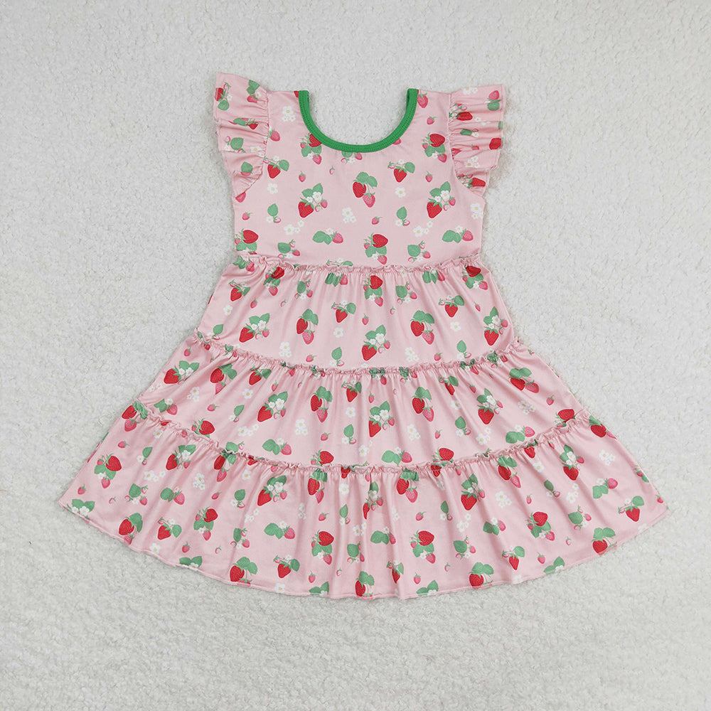 GSD1087 baby girls strawberry patchwork flutter sleeve twirl dresses