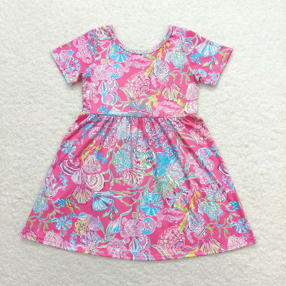 Sibling Baby Girls Sea Flowers Short Sleeve Knee Length Dresses