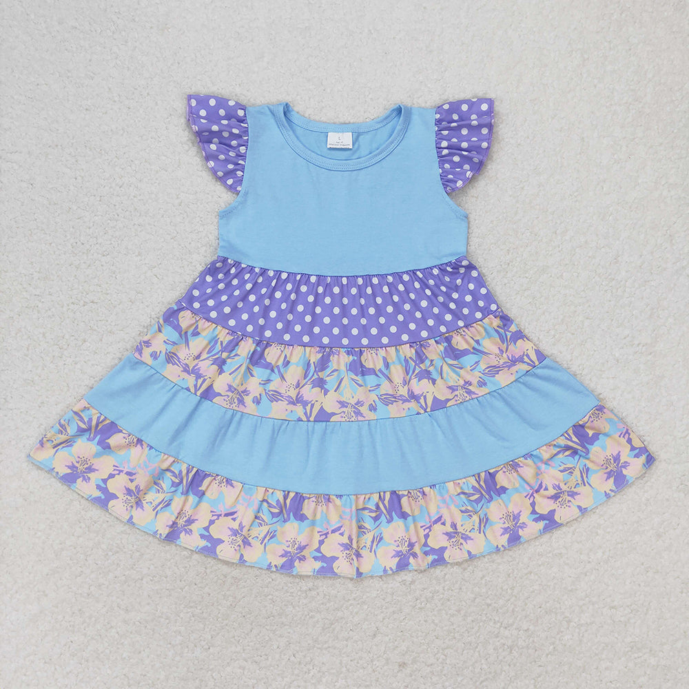 GSD1164 baby girls purple flowers patchwork flutter sleeve twirl dresses