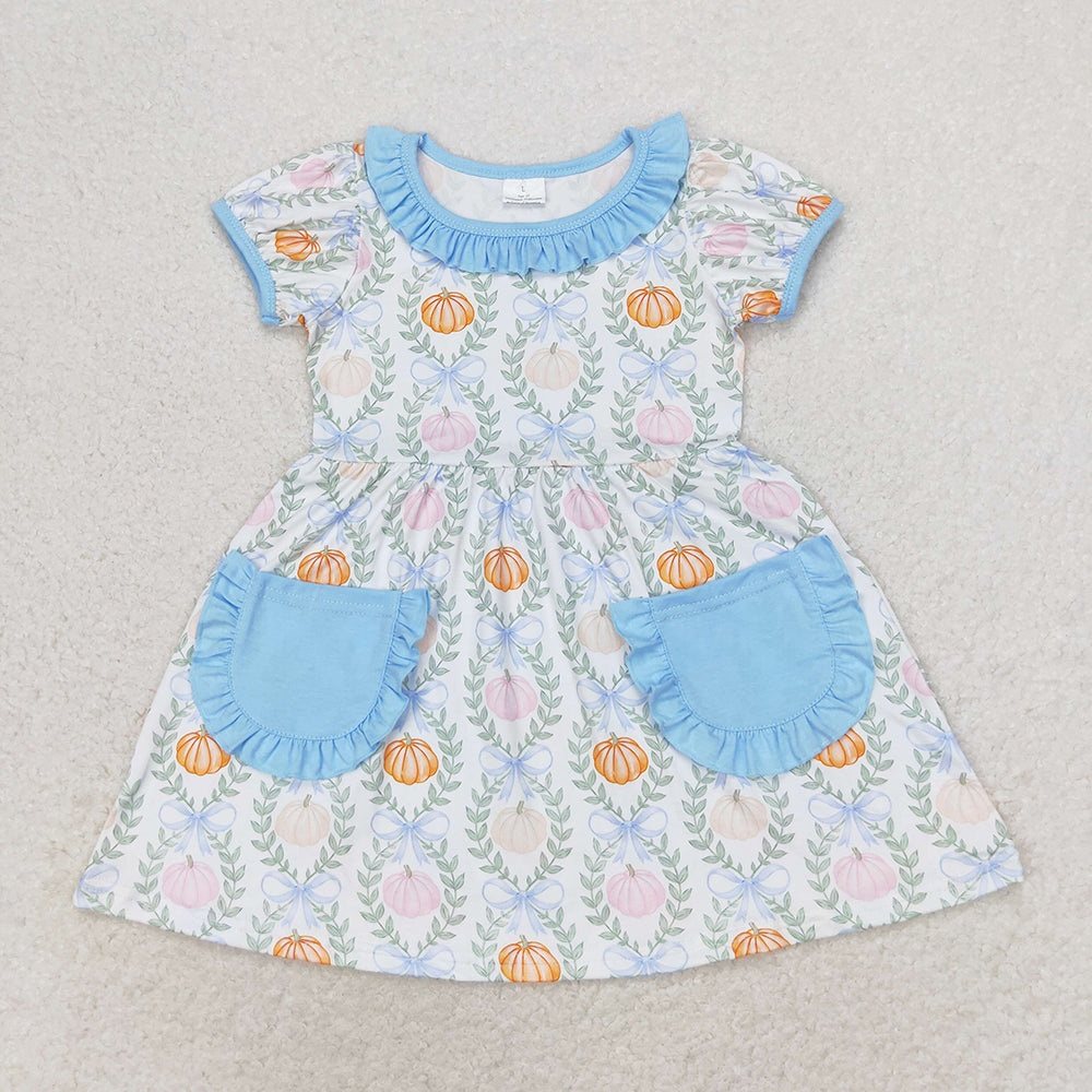 GSD1269 Baby girls pumpkins bows pockets knee length dresses