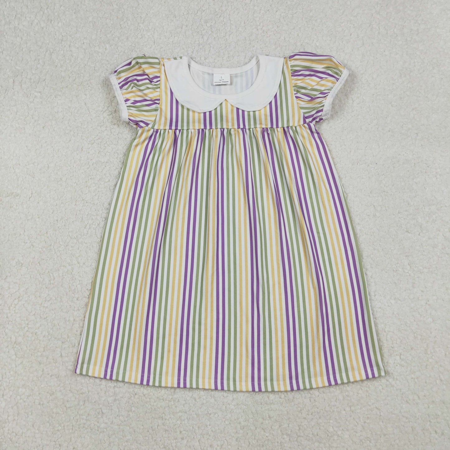 GSD1571 Baby Girls Mardigras Stripes Short Ruffle Sleeve Collar Knee Length Dresses