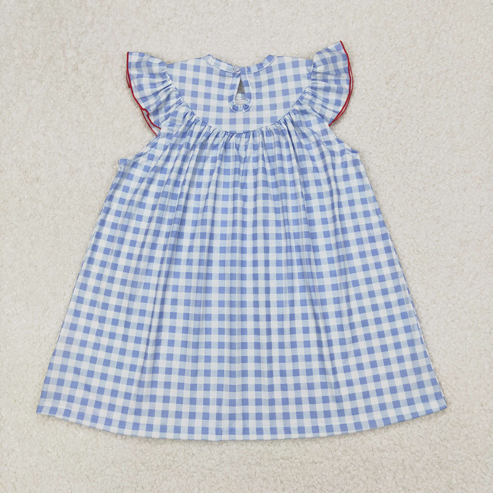 GSD1817 Girls Blue Checkered Flags Smocked Embroidery Flutter Sleeve Dresses