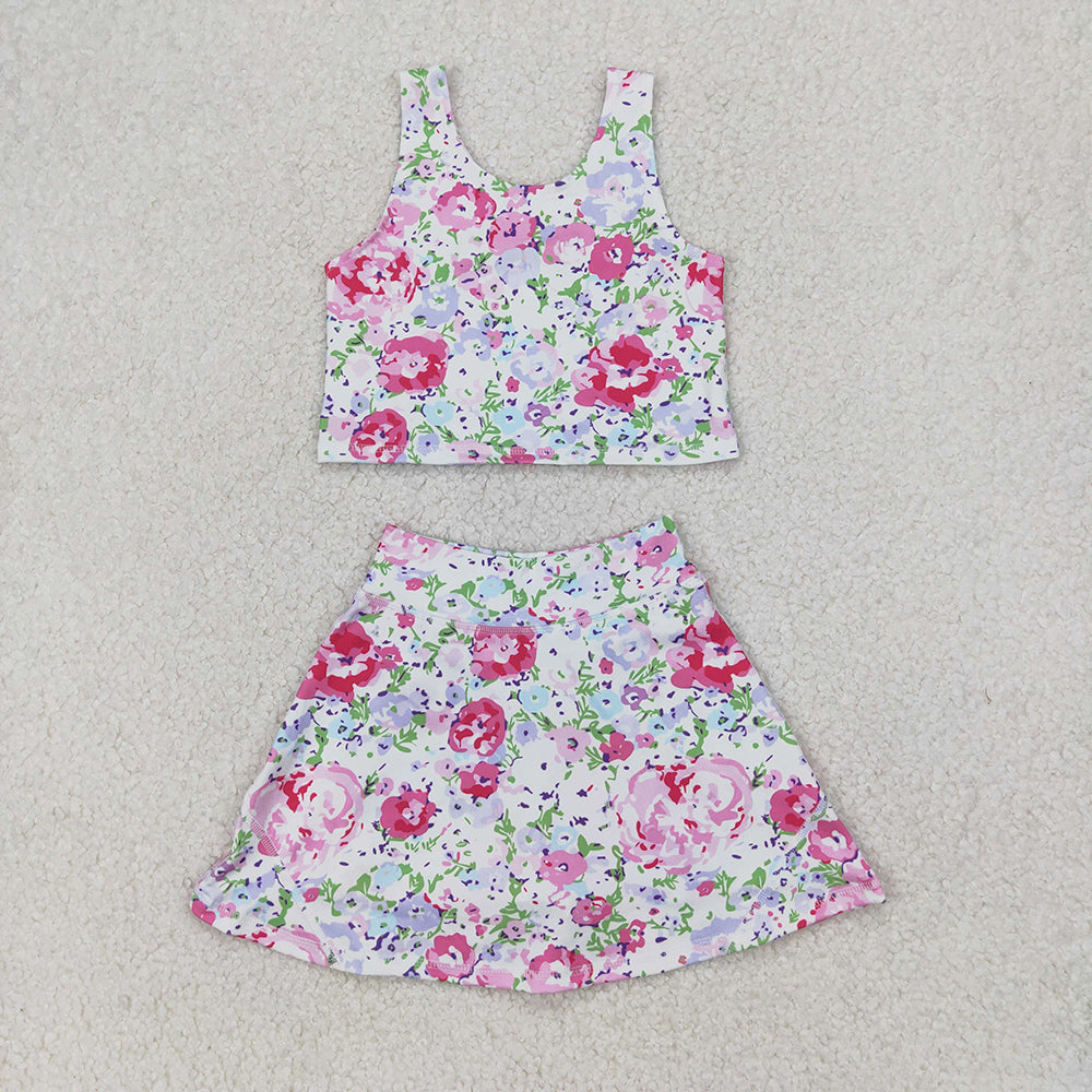 GSD1989 Baby Girls Pink Flowers Yoga Crop Top Skorts Skirts Outfits Active Sets
