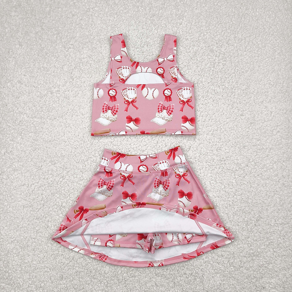 GSD2044 Baby Girls Baseball Bows Crop Top Skorts Skirts Outfits Active Sets