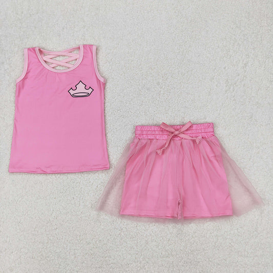 GSD2066 Baby girls pink crown princess top skorts shorts outfits sets