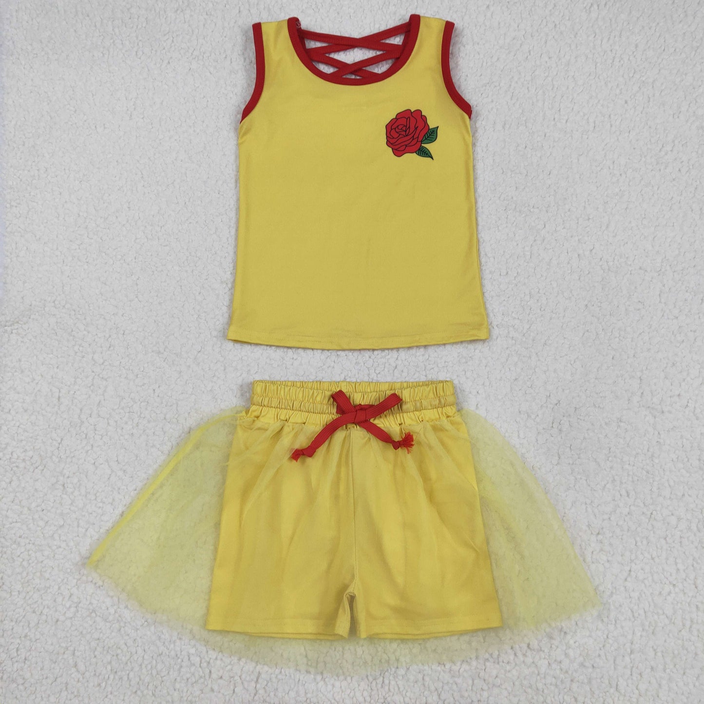 GSD2070 Baby Girls Yellow Sleeveless Princess Flowers Top Tassel Shorts Clothes Sets