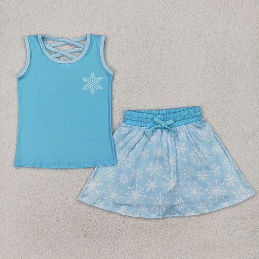 GSD2074 Baby girls blue snowflake princess top skorts shorts outfits sets