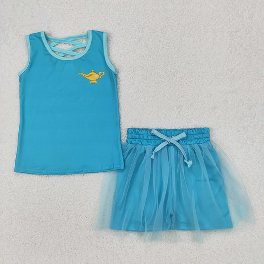 GSD2076 Baby girls blue light princess top skorts shorts outfits sets