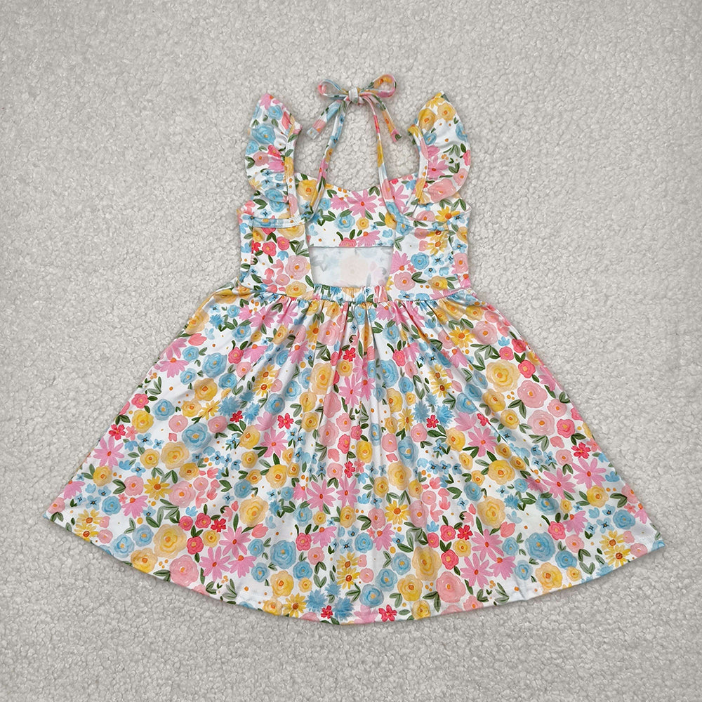 Sibling Baby Girls Flutter Sleeves Floral Backless Bow Knee Length Dresses