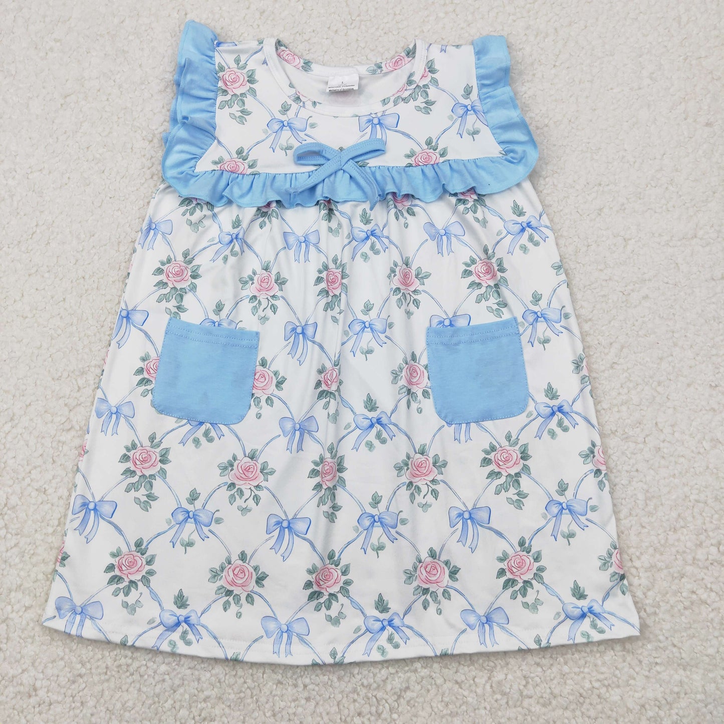 Sibling Baby Girls Sleeveless Flowers Pockets Ruffle Knee Length Dresses