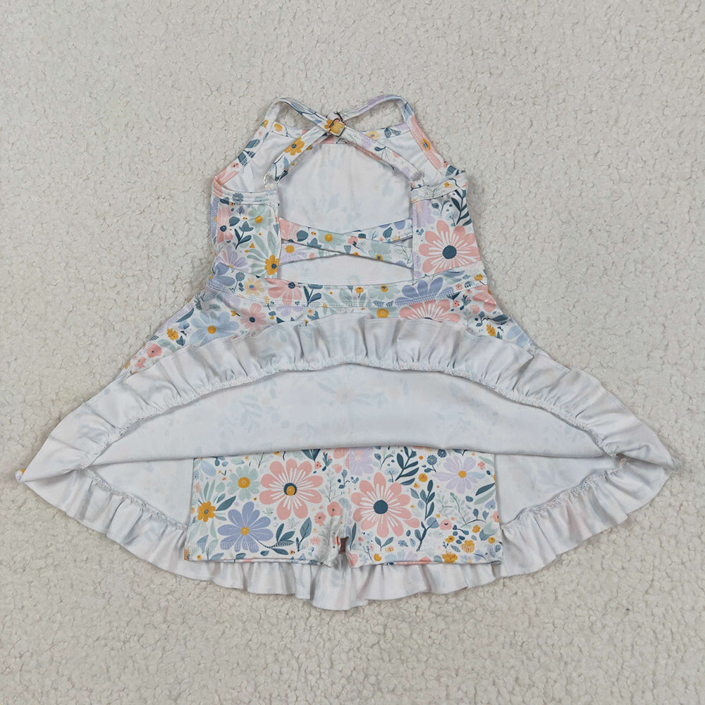 GSD2281 toddler girl clothes blue flowers athletic summer yoga dresses