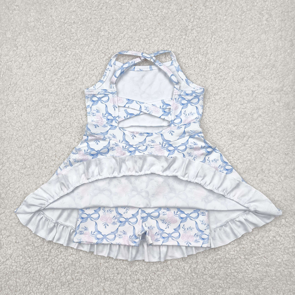 GSD2290 toddler girl clothes blue flowers Bows athletic summer yoga dresses