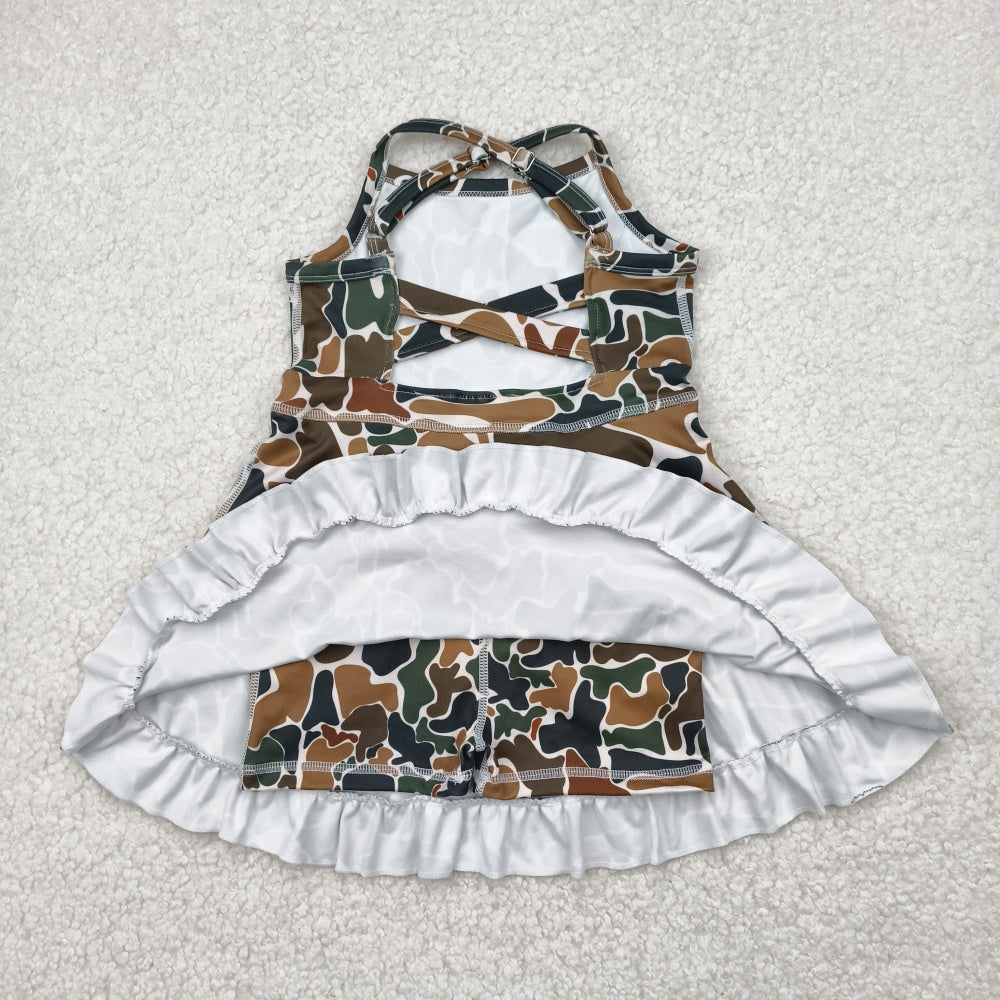 Sibling Baby Girls Strap Bows Floral Camo Print Yoga Activity Wear Ruffle Knee Length Dresses