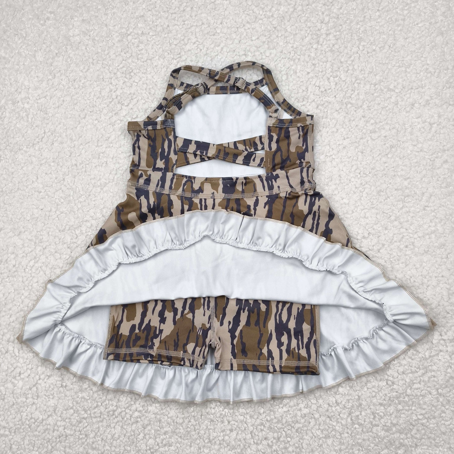 Sibling Baby Girls Strap Bows Floral Camo Print Yoga Activity Wear Ruffle Knee Length Dresses