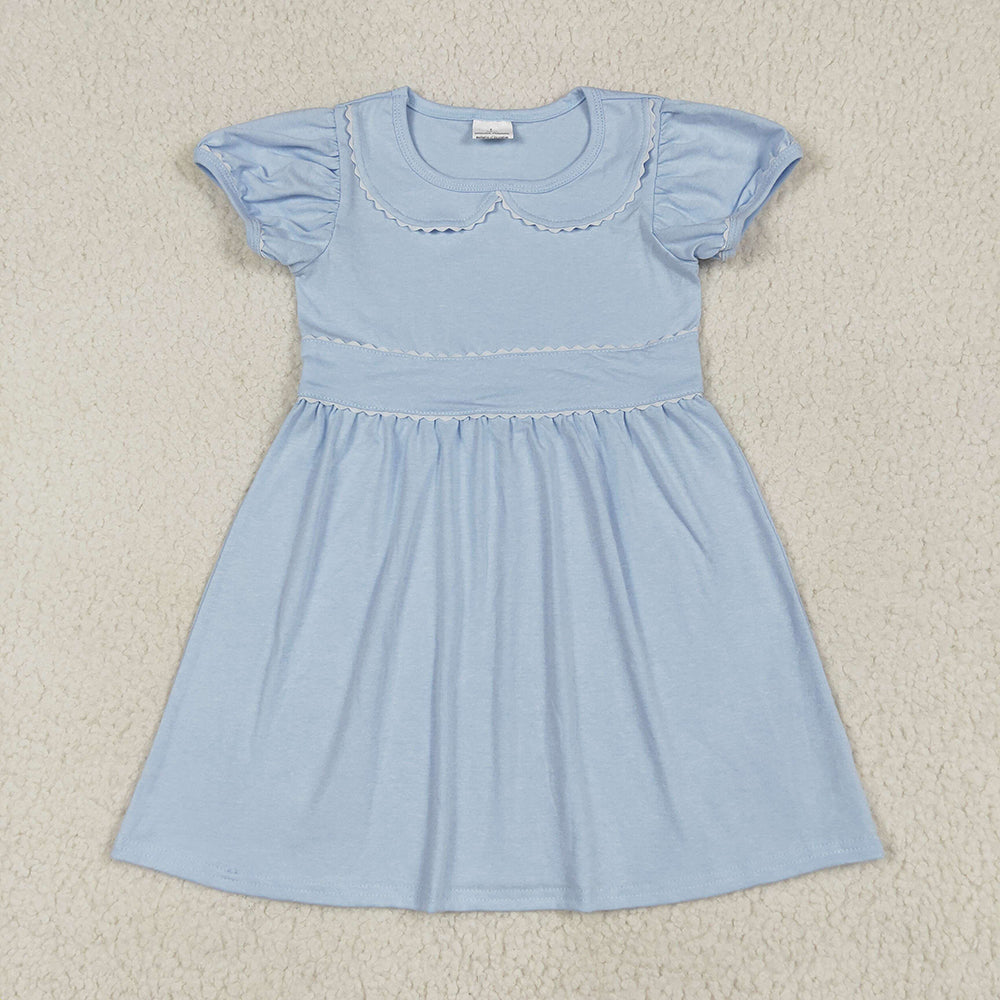 Girls Cotton Short Sleeve Blue Collar Knee Length Dresses GSD2316