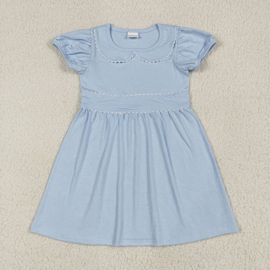 GSD2316 Girls Cotton Short Sleeve Blue Collar Knee Length Dresses