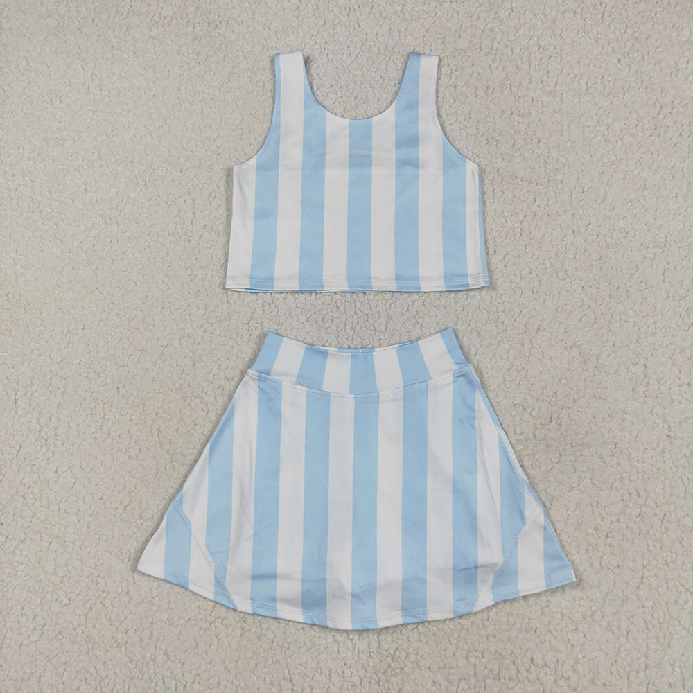 GSD2433 Baby Girls Blue Stripes Yoga Crop Top Skorts Skirts Outfits Active Sets