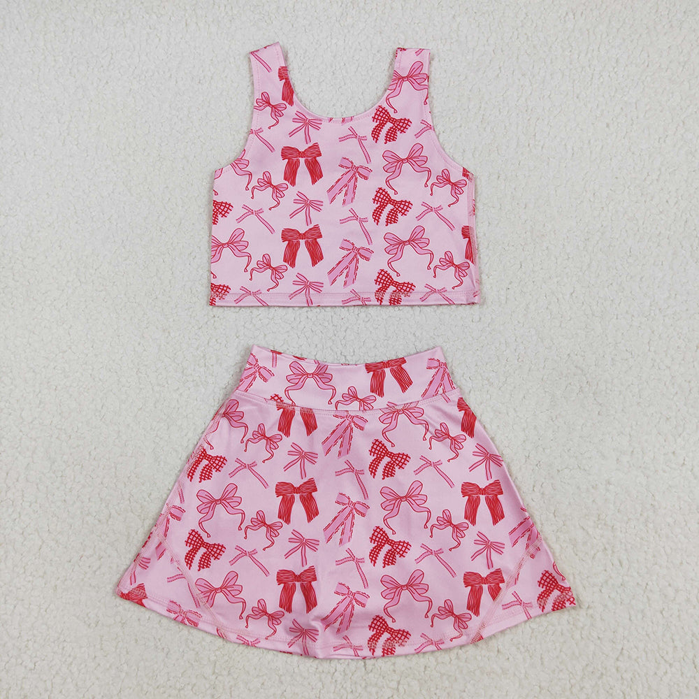 GSD2459 Baby Girls Pink Bows Yoga Crop Top Skorts Skirts Outfits Active Sets
