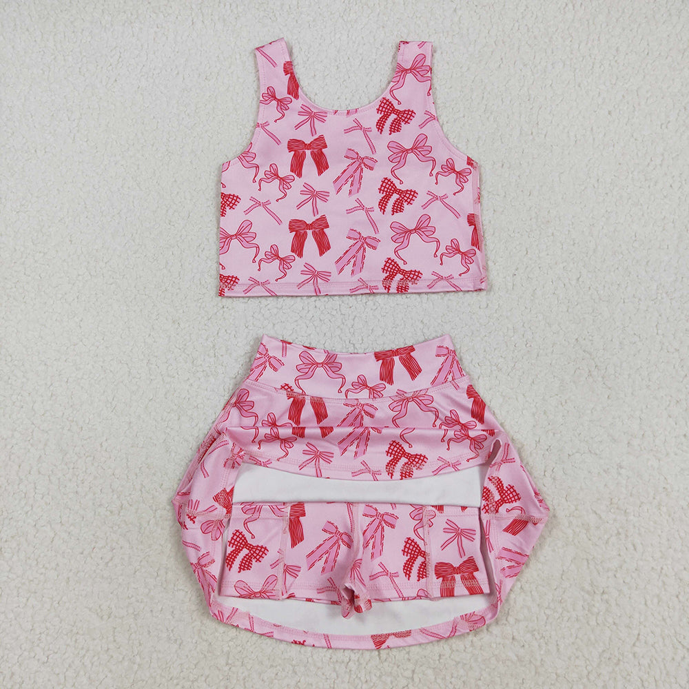 GSD2459 Baby Girls Pink Bows Yoga Crop Top Skorts Skirts Outfits Active Sets