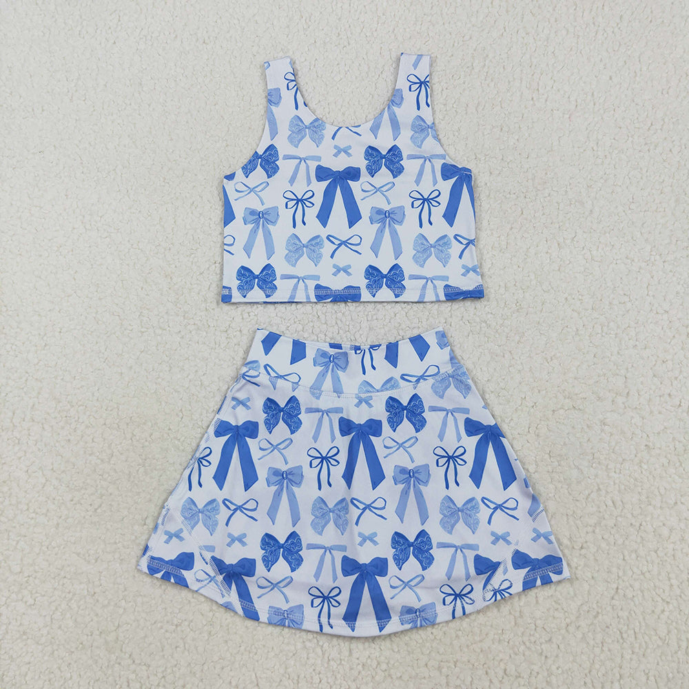 GSD2640 Baby Girls Blue Bows Yoga Crop Top Skorts Skirts Outfits Active Sets